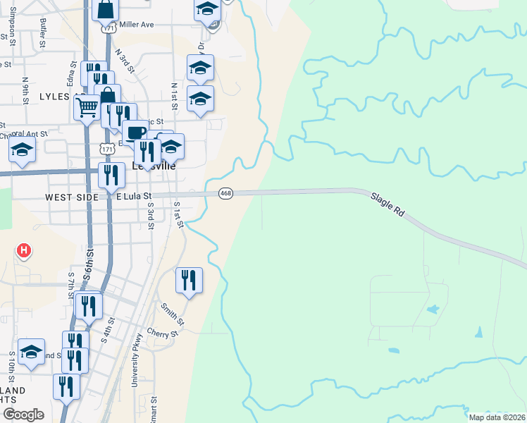 map of restaurants, bars, coffee shops, grocery stores, and more near 110 Slagle Road in Leesville