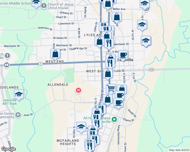 map of restaurants, bars, coffee shops, grocery stores, and more near 403 South 7th Street in Leesville