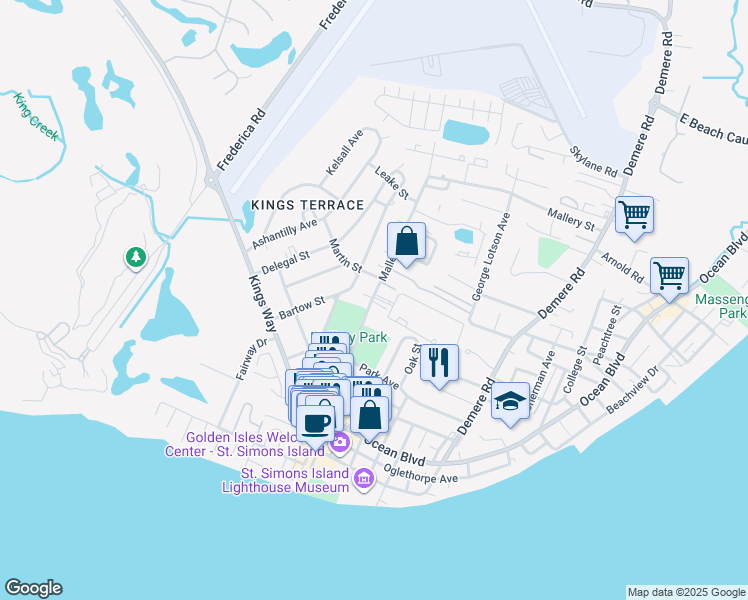 map of restaurants, bars, coffee shops, grocery stores, and more near 102 Palm Villas Court in St. Simons Island