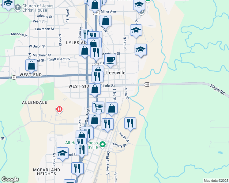 map of restaurants, bars, coffee shops, grocery stores, and more near 405 South 3rd Street in Leesville