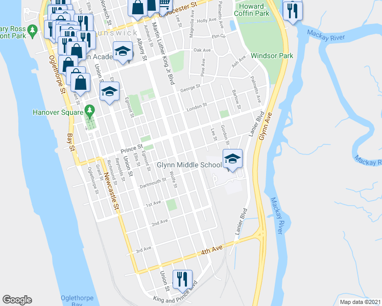 map of restaurants, bars, coffee shops, grocery stores, and more near 1412 Albemarle Street in Brunswick