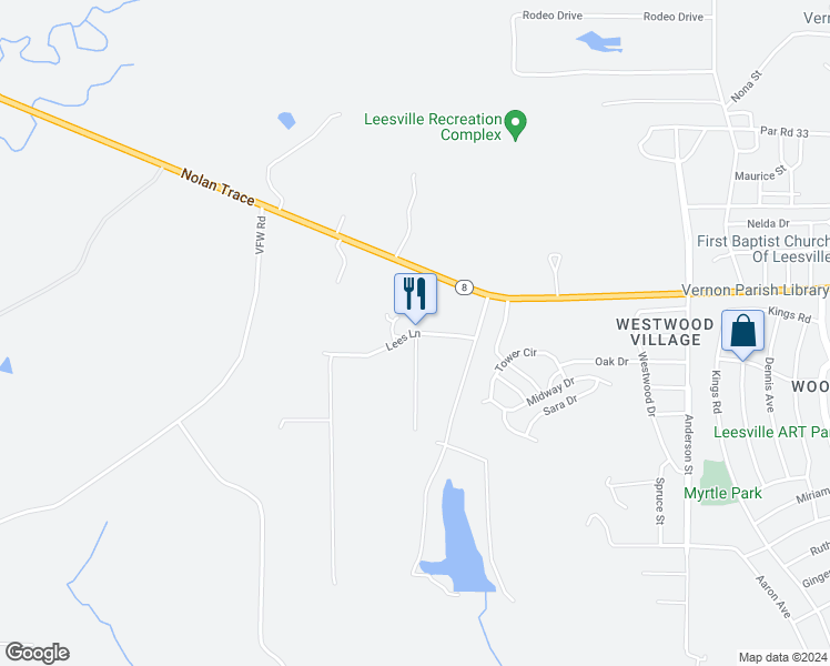 map of restaurants, bars, coffee shops, grocery stores, and more near 378 Lees Lane in Leesville