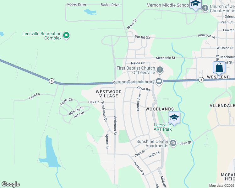 map of restaurants, bars, coffee shops, grocery stores, and more near 1013 Anderson Drive in Leesville