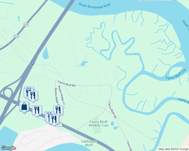 map of restaurants, bars, coffee shops, grocery stores, and more near 145 Stutts Road in Brunswick
