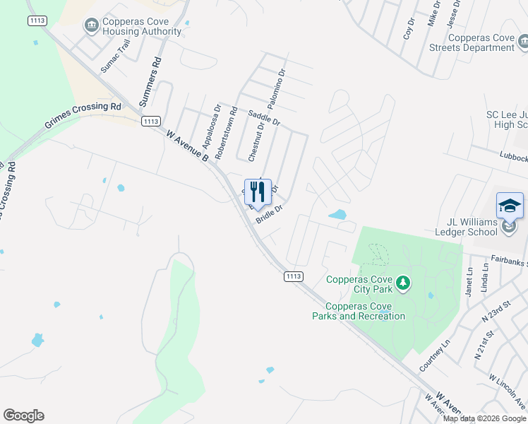 map of restaurants, bars, coffee shops, grocery stores, and more near 111 Bridle Drive in Copperas Cove