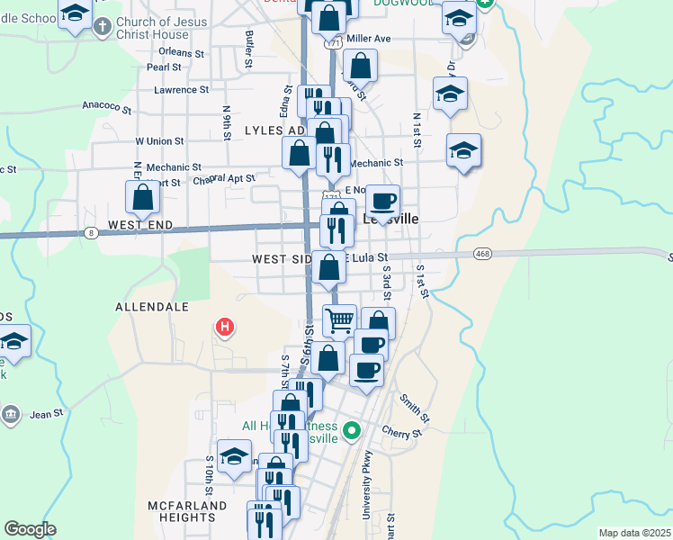 map of restaurants, bars, coffee shops, grocery stores, and more near 106 East Maggie Street in Leesville