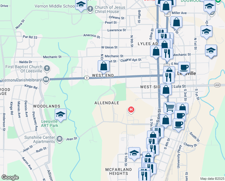 map of restaurants, bars, coffee shops, grocery stores, and more near 902 Verone Terrace in Leesville