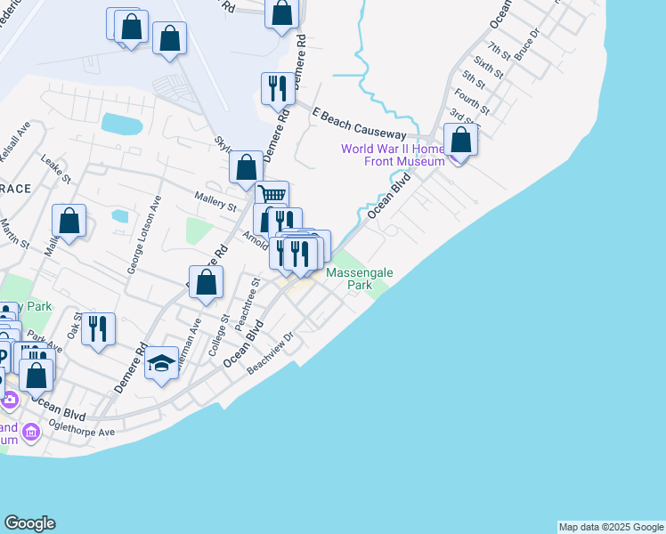 map of restaurants, bars, coffee shops, grocery stores, and more near 1315 Oak Street in Saint Simons Island