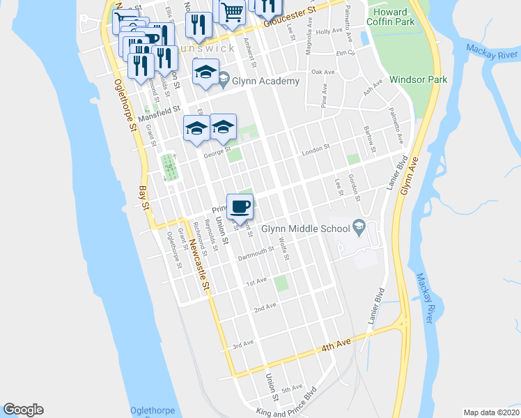 map of restaurants, bars, coffee shops, grocery stores, and more near 814 Carpenter Street in Brunswick