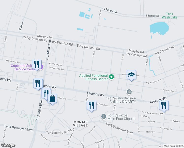 map of restaurants, bars, coffee shops, grocery stores, and more near 10037 Old Ironsides Avenue in Fort Hood