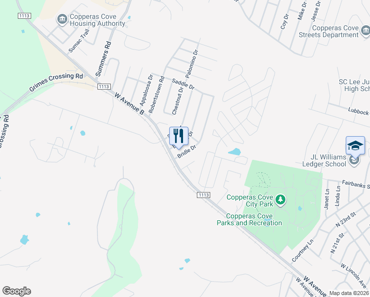 map of restaurants, bars, coffee shops, grocery stores, and more near 111 Bridle Drive in Copperas Cove