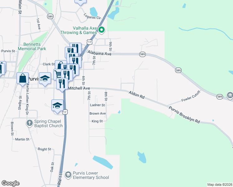 map of restaurants, bars, coffee shops, grocery stores, and more near 19 Aldon Road in Purvis