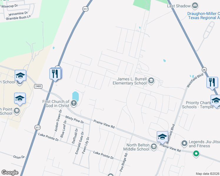 map of restaurants, bars, coffee shops, grocery stores, and more near 1930 North Pea Ridge Road in Temple