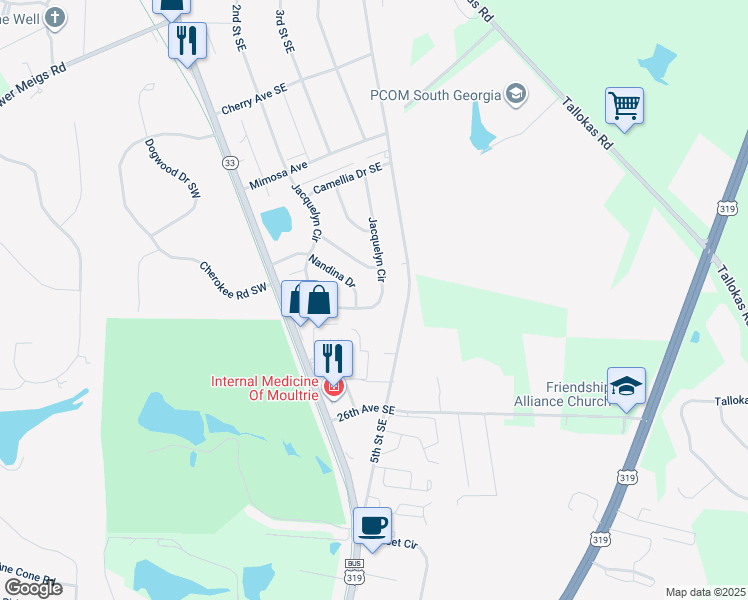 map of restaurants, bars, coffee shops, grocery stores, and more near 2509 Jacqueline Circle in Moultrie