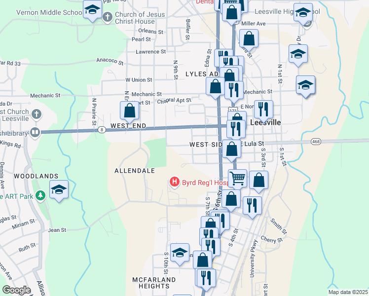 map of restaurants, bars, coffee shops, grocery stores, and more near 300 South 8th Street in Leesville
