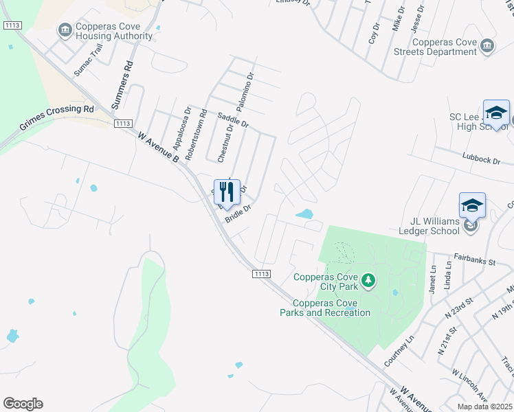 map of restaurants, bars, coffee shops, grocery stores, and more near 126 Bridle Drive in Copperas Cove