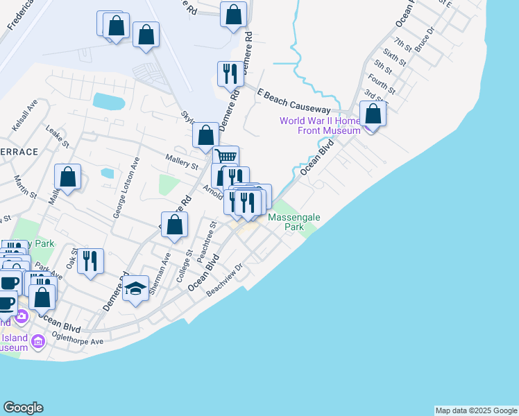 map of restaurants, bars, coffee shops, grocery stores, and more near 1315 Oak Street in St. Simons Island