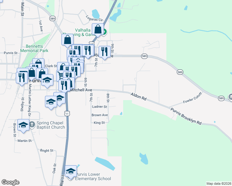 map of restaurants, bars, coffee shops, grocery stores, and more near 19 Aldon Road in Purvis