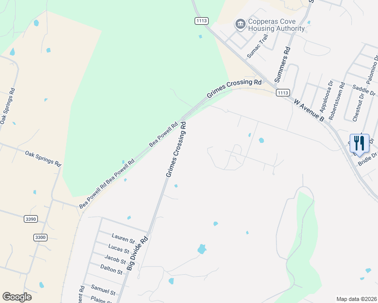 map of restaurants, bars, coffee shops, grocery stores, and more near 2945 Grimes Crossing Road in Copperas Cove