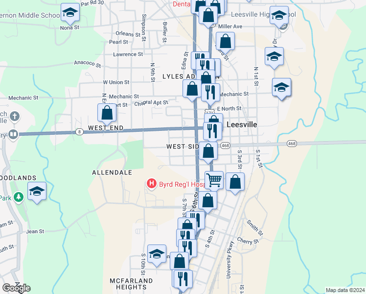 map of restaurants, bars, coffee shops, grocery stores, and more near 303 West Lula Street in Leesville