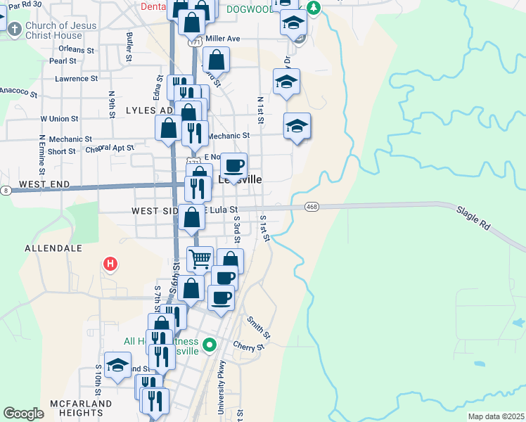 map of restaurants, bars, coffee shops, grocery stores, and more near 402 South 1st Street in Leesville