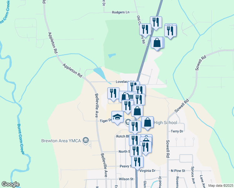 map of restaurants, bars, coffee shops, grocery stores, and more near 160 The Trail in Brewton