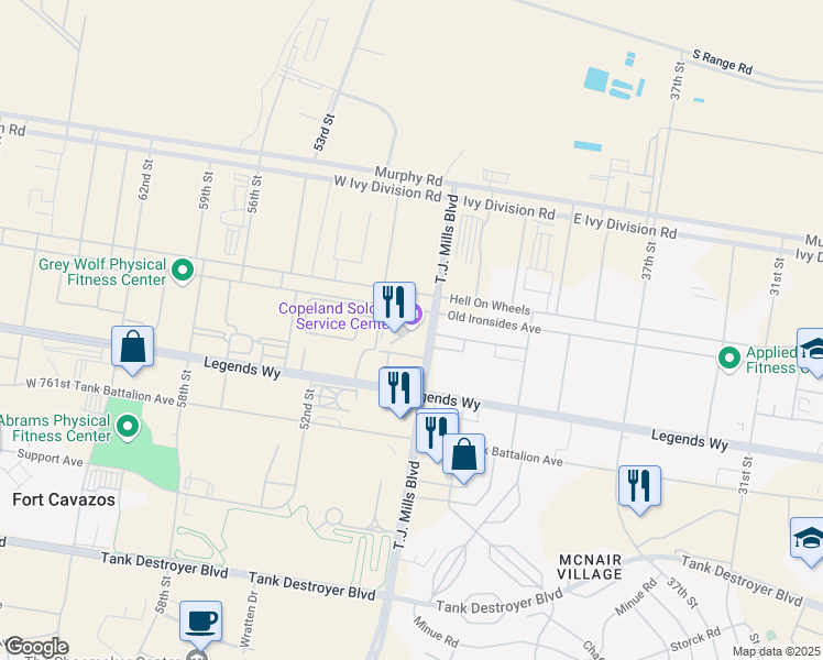 map of restaurants, bars, coffee shops, grocery stores, and more near T.J. Mills Boulevard in Fort Hood