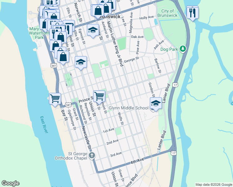 map of restaurants, bars, coffee shops, grocery stores, and more near 814 Carpenter Street in Brunswick
