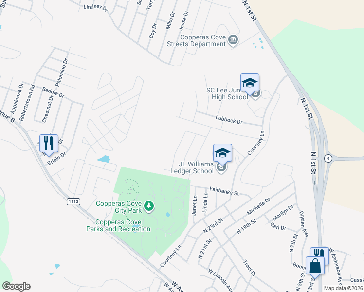 map of restaurants, bars, coffee shops, grocery stores, and more near 834 Stockdale Road in Copperas Cove
