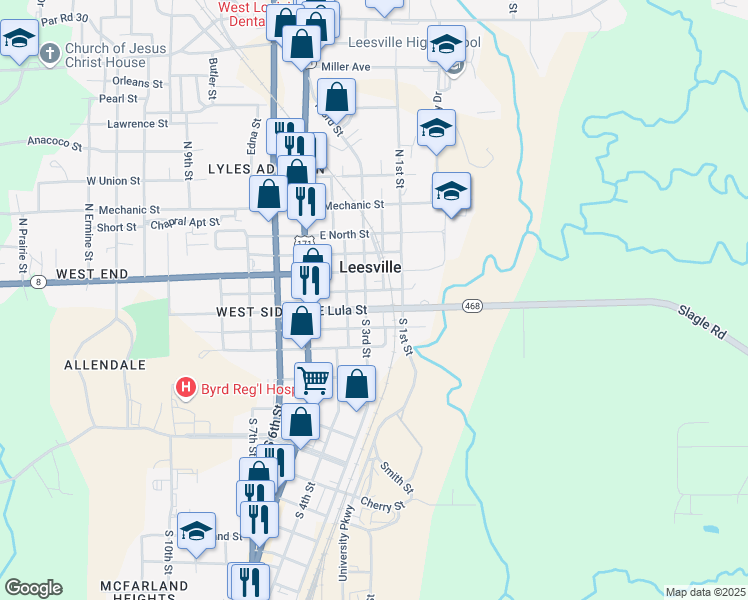 map of restaurants, bars, coffee shops, grocery stores, and more near 201 South 3rd Street in Leesville