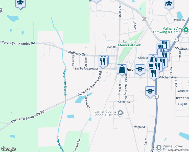 map of restaurants, bars, coffee shops, grocery stores, and more near 8 Pump Street in Purvis