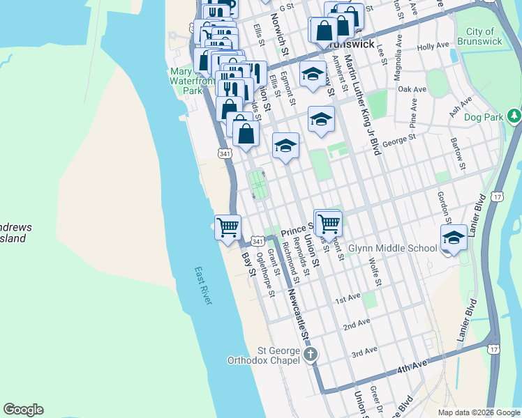 map of restaurants, bars, coffee shops, grocery stores, and more near 1021 Grant Street in Brunswick