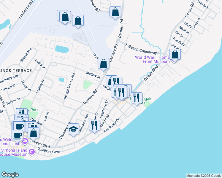 map of restaurants, bars, coffee shops, grocery stores, and more near 151 Follins Lane in Saint Simons Island