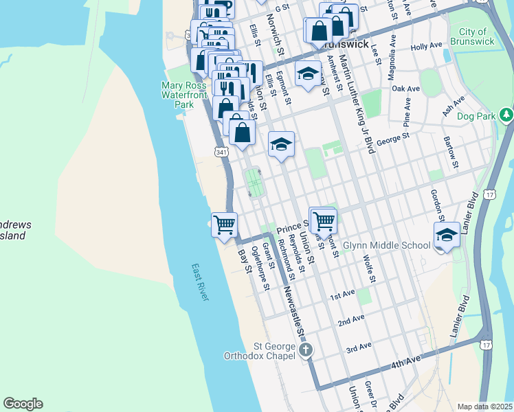 map of restaurants, bars, coffee shops, grocery stores, and more near 1021 Grant Street in Brunswick