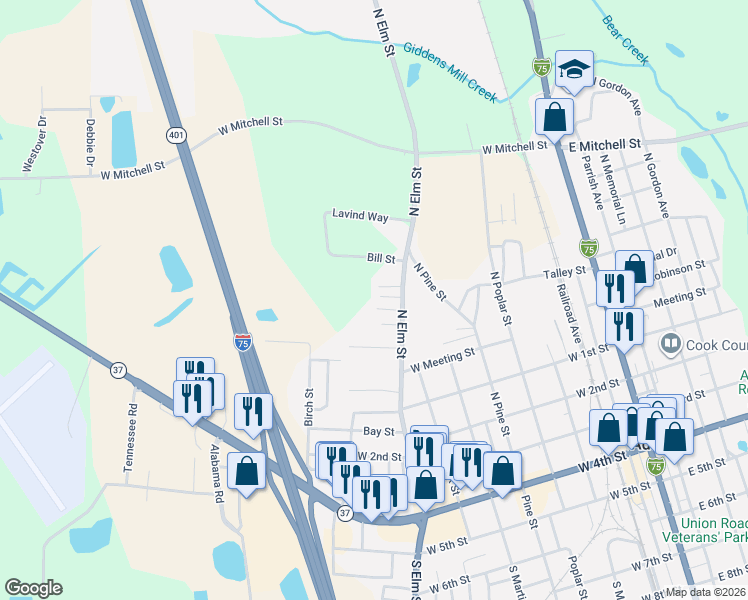 map of restaurants, bars, coffee shops, grocery stores, and more near 806 Turkey Drive in Adel
