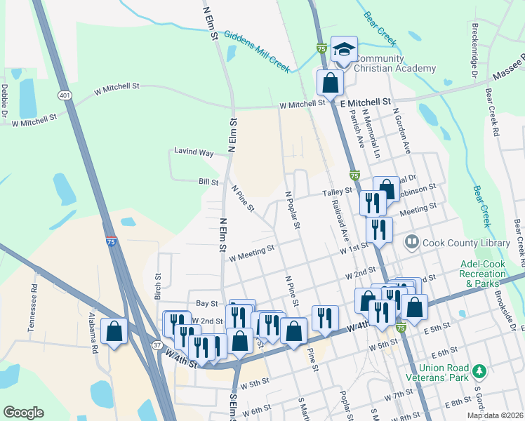 map of restaurants, bars, coffee shops, grocery stores, and more near 414 Talley Street in Adel