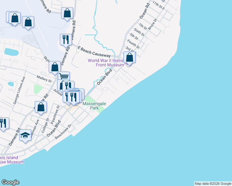 map of restaurants, bars, coffee shops, grocery stores, and more near 1470 Wood Avenue in St. Simons Island