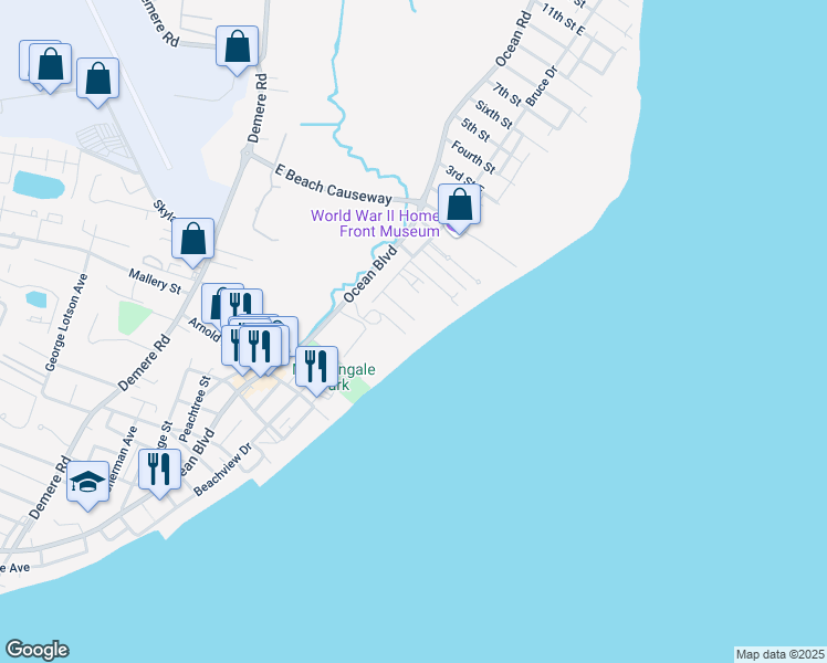 map of restaurants, bars, coffee shops, grocery stores, and more near 1470 Wood Avenue in St. Simons Island