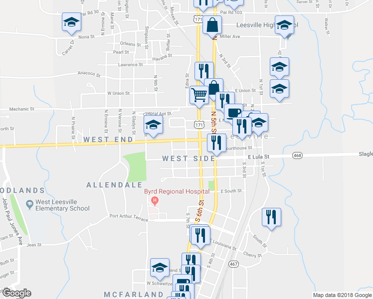 map of restaurants, bars, coffee shops, grocery stores, and more near West Courthouse Street in Leesville