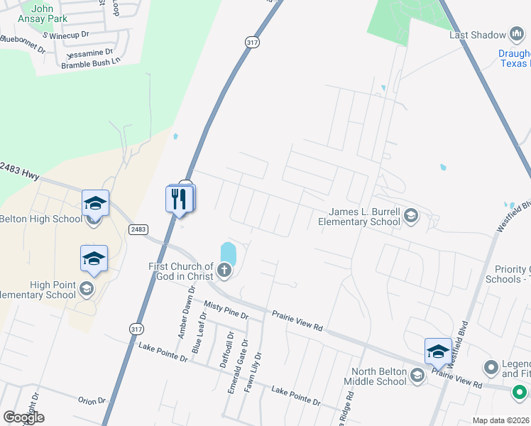 map of restaurants, bars, coffee shops, grocery stores, and more near 9335 Texas 317 in Temple