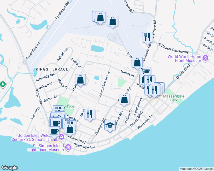 map of restaurants, bars, coffee shops, grocery stores, and more near 1226 George Lotson Avenue in St. Simons Island