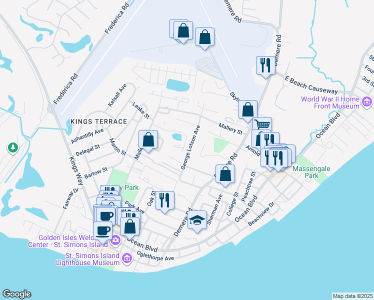 map of restaurants, bars, coffee shops, grocery stores, and more near 1226 George Lotson Avenue in St. Simons Island