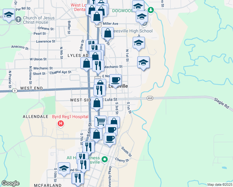 map of restaurants, bars, coffee shops, grocery stores, and more near 201 South 3rd Street in Leesville