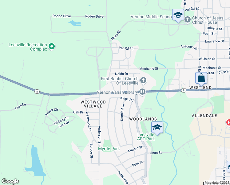 map of restaurants, bars, coffee shops, grocery stores, and more near 599 Bradley Street in Leesville