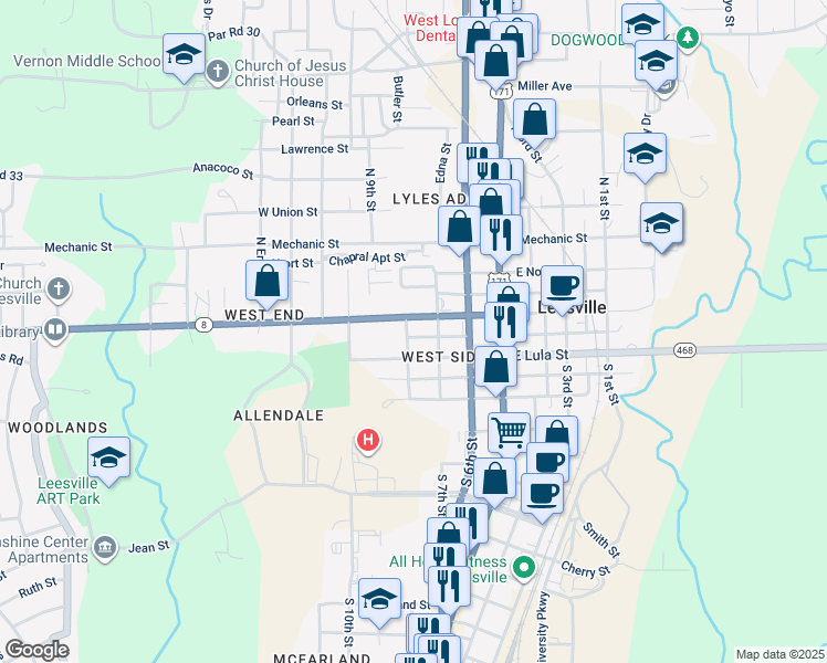 map of restaurants, bars, coffee shops, grocery stores, and more near 103 South 8th Street in Leesville