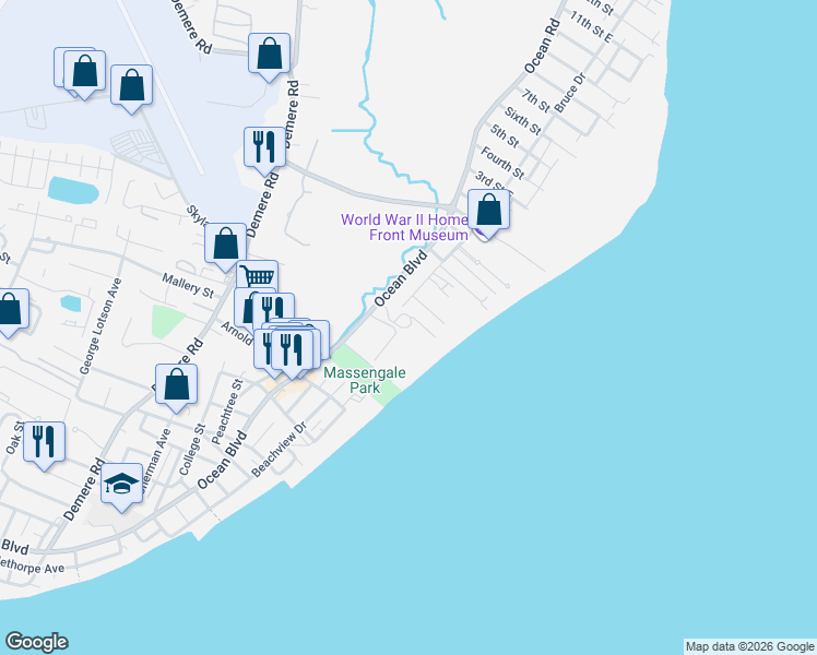 map of restaurants, bars, coffee shops, grocery stores, and more near 1440 Ocean Boulevard in St. Simons Island