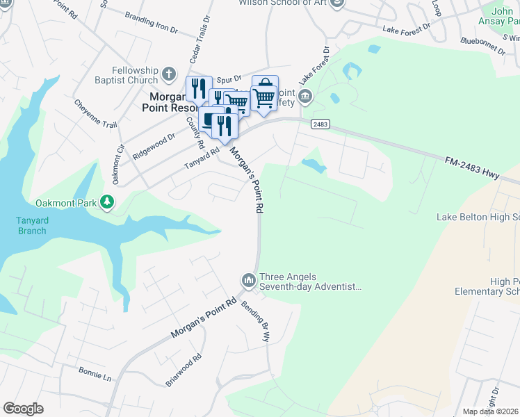 map of restaurants, bars, coffee shops, grocery stores, and more near 1401-1517 Morgan's Point Road in Morgan's Point Resort