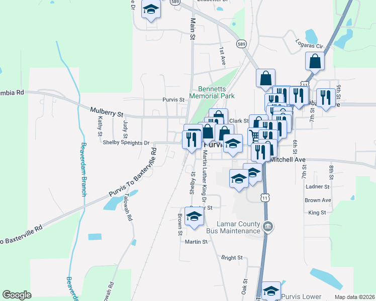 map of restaurants, bars, coffee shops, grocery stores, and more near Jay Broome Road in Lamar County
