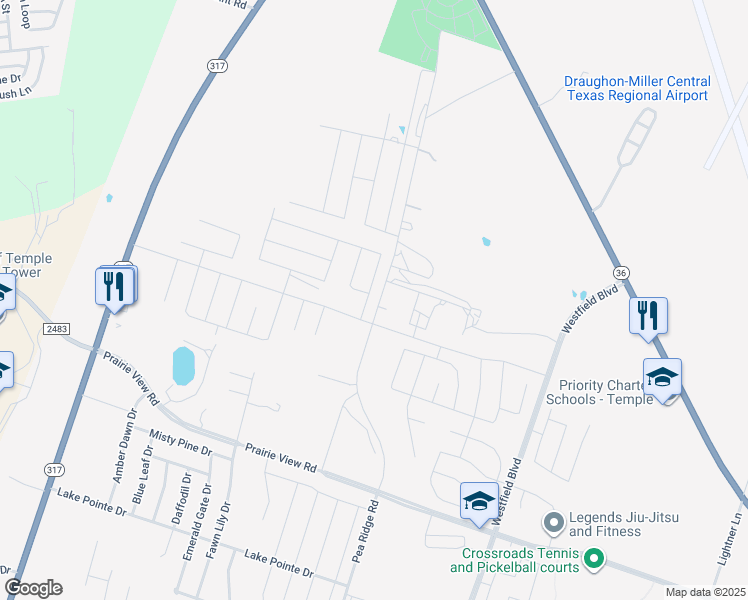 map of restaurants, bars, coffee shops, grocery stores, and more near 2375 North Pea Ridge Road in Temple