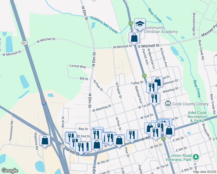 map of restaurants, bars, coffee shops, grocery stores, and more near 414 Talley Street in Adel